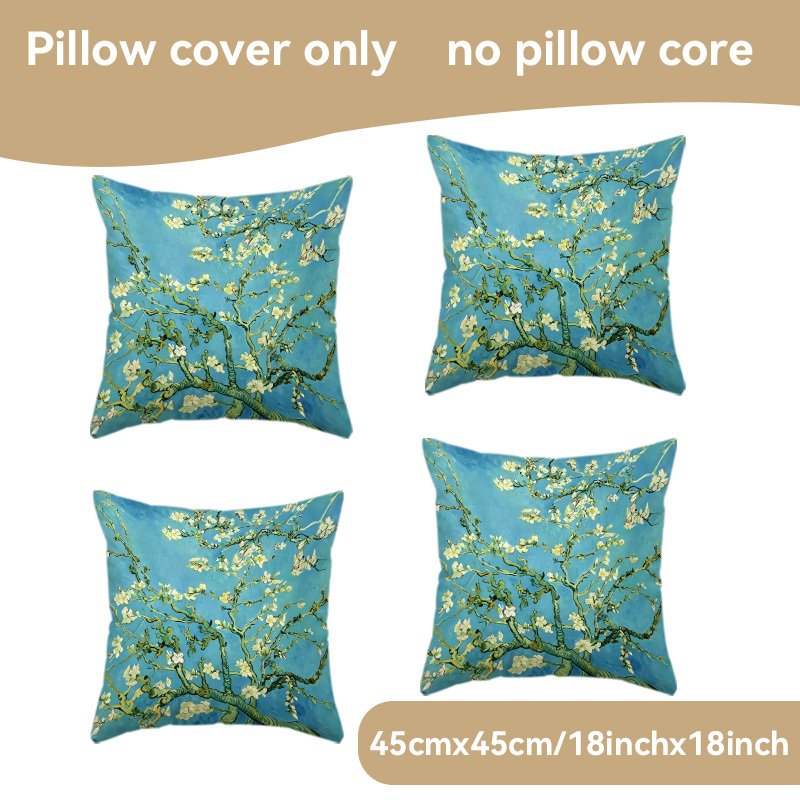 TEMU 4pcs Pillowcases, Festival Pillow Covers/cushion Covers, Van Gogh Apricot Pattern Decorative Pillowcase, Literary Retro Theme, Blue And ,