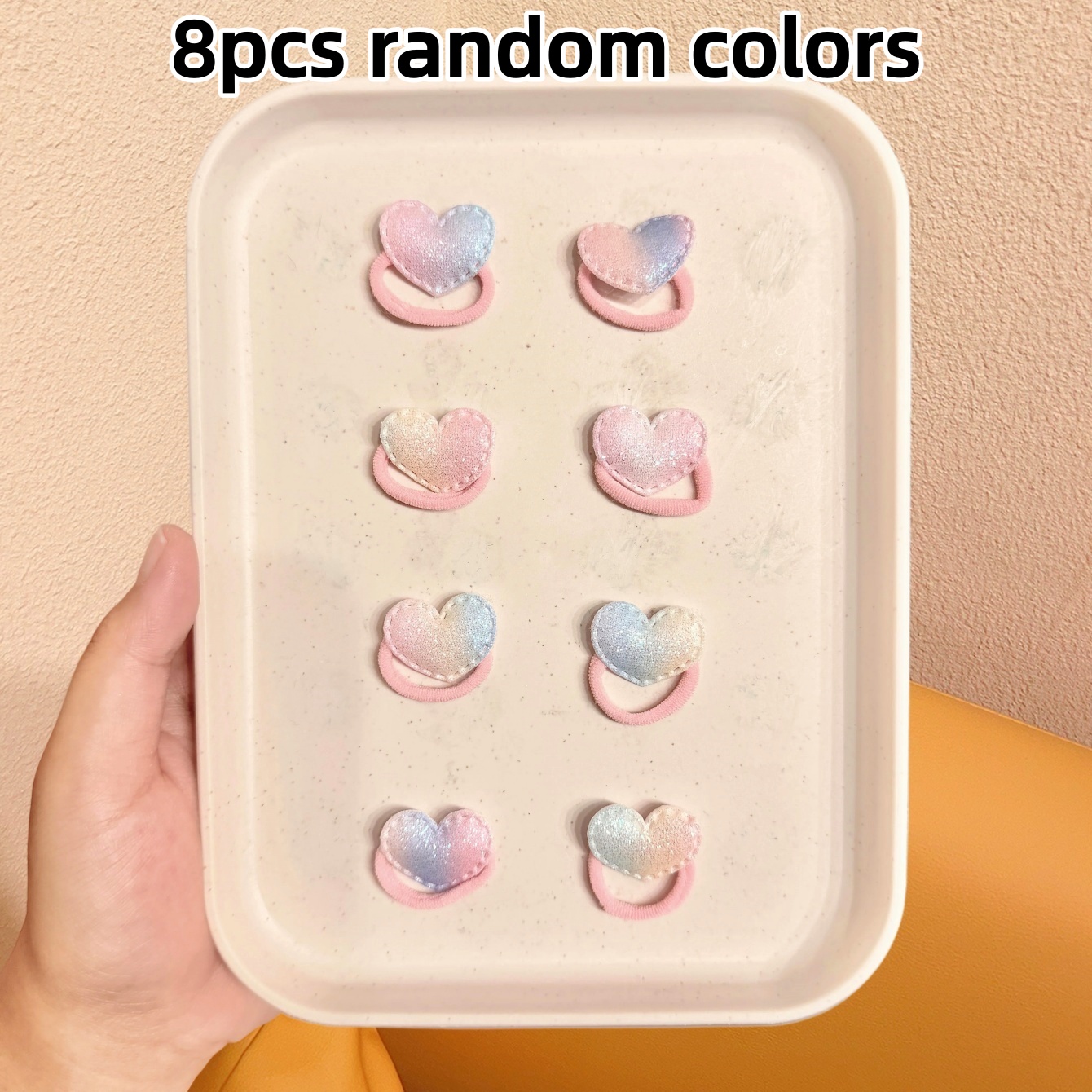 TEMU Random Gradient Shimmering Heart Hair Ties 8pcs Set, Sweet Girly High-elastic Hair Bands For Braiding And School