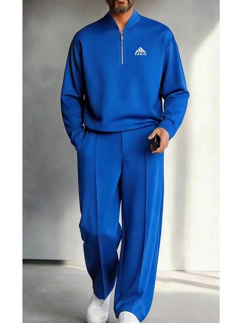 mens fashion casual style quarter zip sweatshirt wide leg pants set with geometric paris logo pattern adult male sportswear daily wear holiday gift