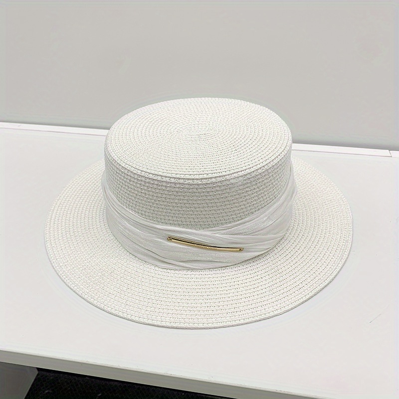 Image of Chic British Straw Hat Designed For Women, A French Minimalist Summer Beach Accessory