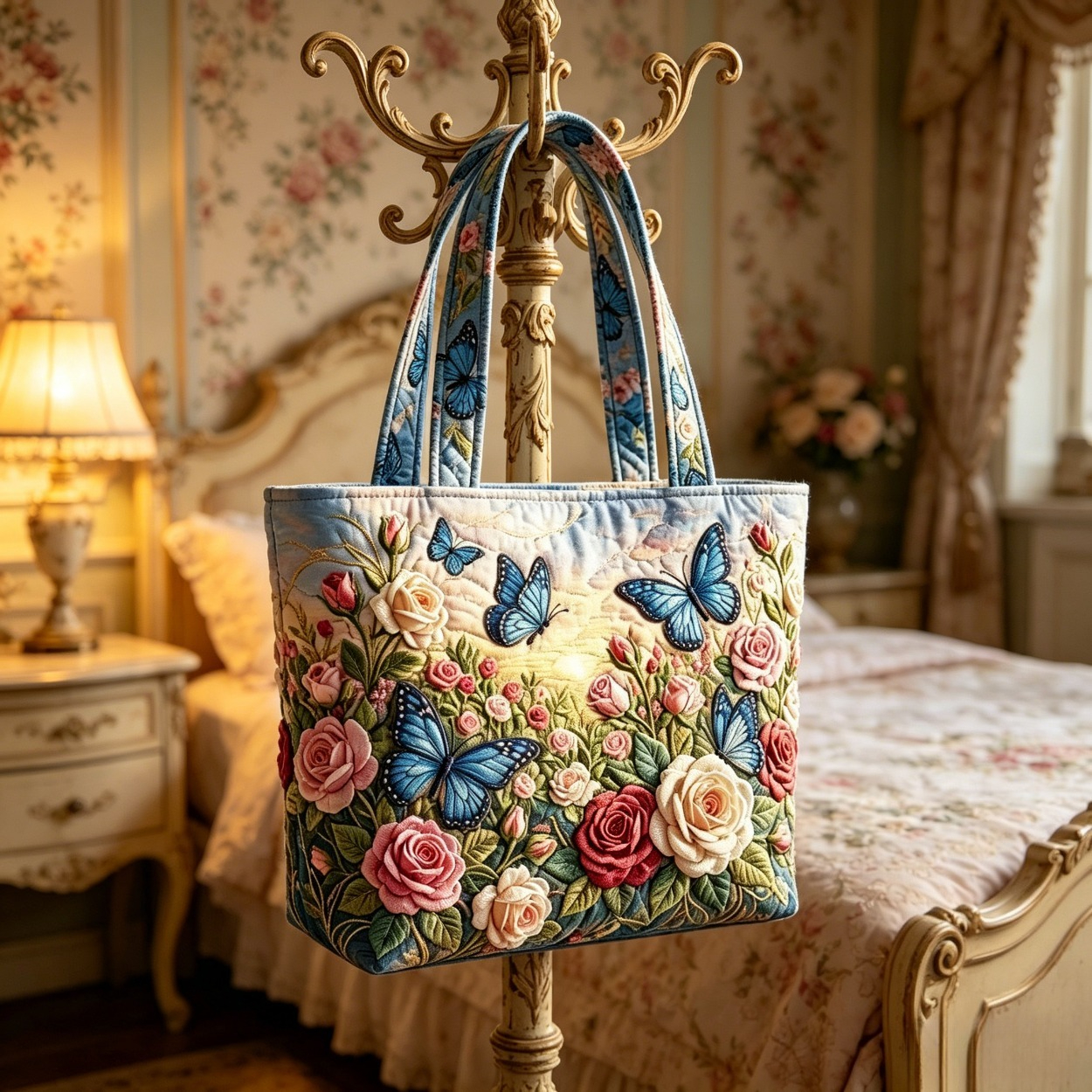 Image of 1pc Women's Quilted Tote Bag, Blue And Rose Print Shoulder Bag, Vintage Large-capacity Design, Fashionable Versatile Handbag For Travel, Shopping And Daily , Ideal Gift
