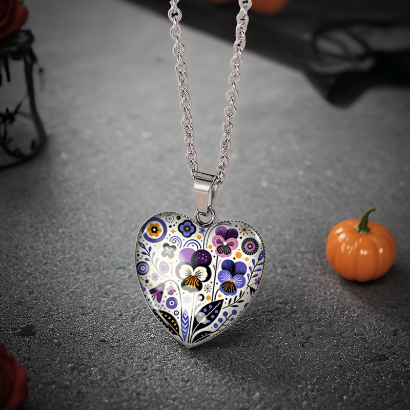 TEMU 1 Purple Violet Illustration Heart-shaped Pendant Glass Necklace Handmade Men's Accessory