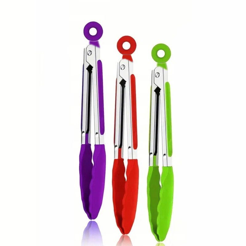 TEMU 3pcs Set Of Small Red, Green, And Purple Stainless Steel Kitchen Tongs With Silicone Tips, Heat-resistant Pan Tongs, Mini Locking Food Tongs For