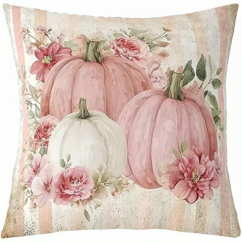 2ks polštářové potahy v bohémském s dýně a květin, 45.72x45.72 cm, růžovo-bílý design dýně se zelenými , rustikální polyesterové pouzdra na polštáře pro dekoraci na den díkůvzdání a podzim, pratelné v pračce, zapínání na zip, ideální pro pohovku gauč, sezónní domácí akcent | polštáře v bohémském | polštářová povlaková s zipem, dekorace dýně pro domov 0