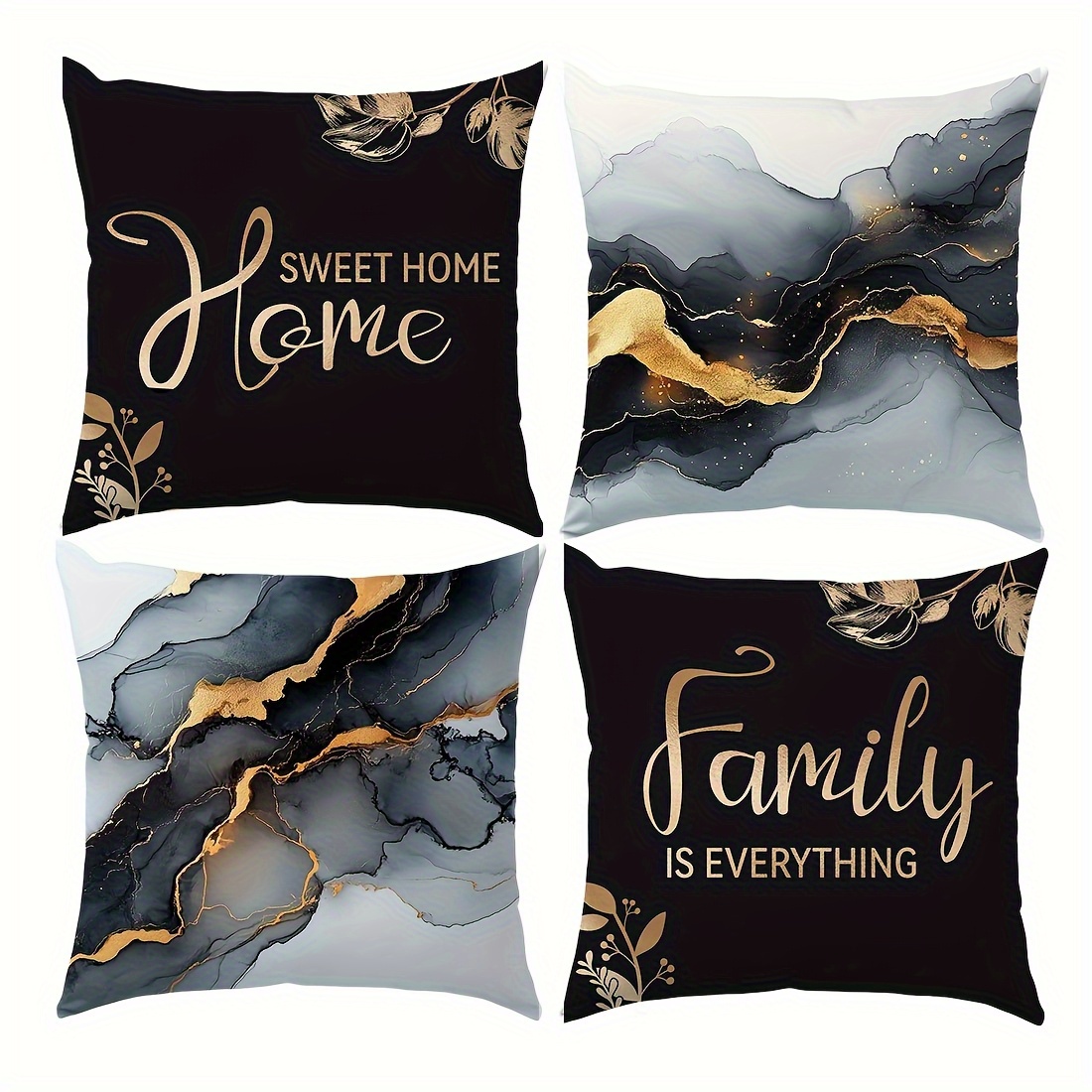 Single-sided 4pcs Black And Pillow Set - " Home Has Its Own " Botanical Pillow, Polyester With Hidden Zipper, Suitable For Modern Decor In Sofa, Living Room, Or Office, Single-sided Textured