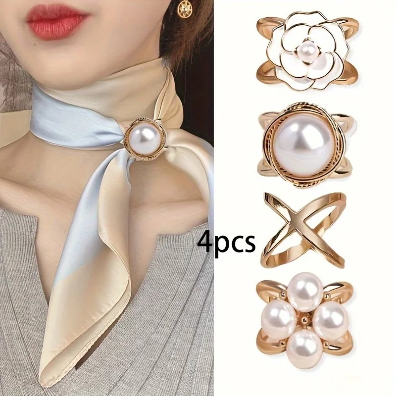 TEMU 4pcs Scarf Set, Camellia Flower Cross-shaped Metal Scarf Buckles, Elegant Multi-style Neck Scarf Pendant, Suitable For Women's Wear, Fashion