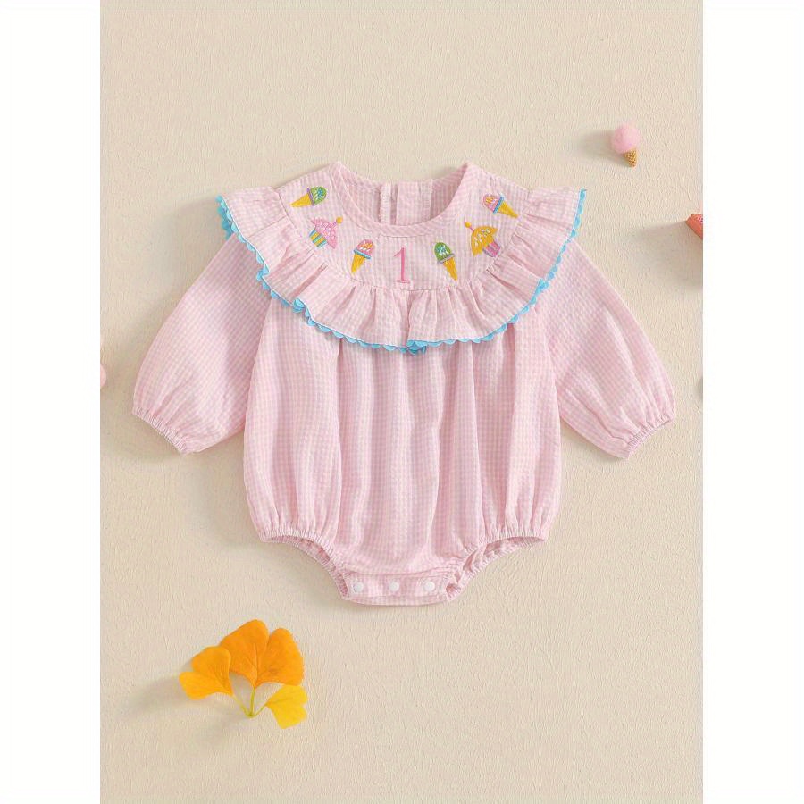 

Girl's Birthday Romper - Striped Ice Cream Embroidery With Ruffle Trim, Long Sleeve Cotton Jumpsuit For Fall, Outdoor