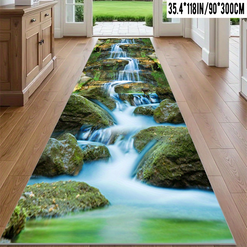TEMU 1pc 3d Hd Landscape Waterfall Long Runner Carpet, Made Of Golden Diamond Velvet 800g/m², Soft And Comfortable, Machine Washable, Suitable For ,