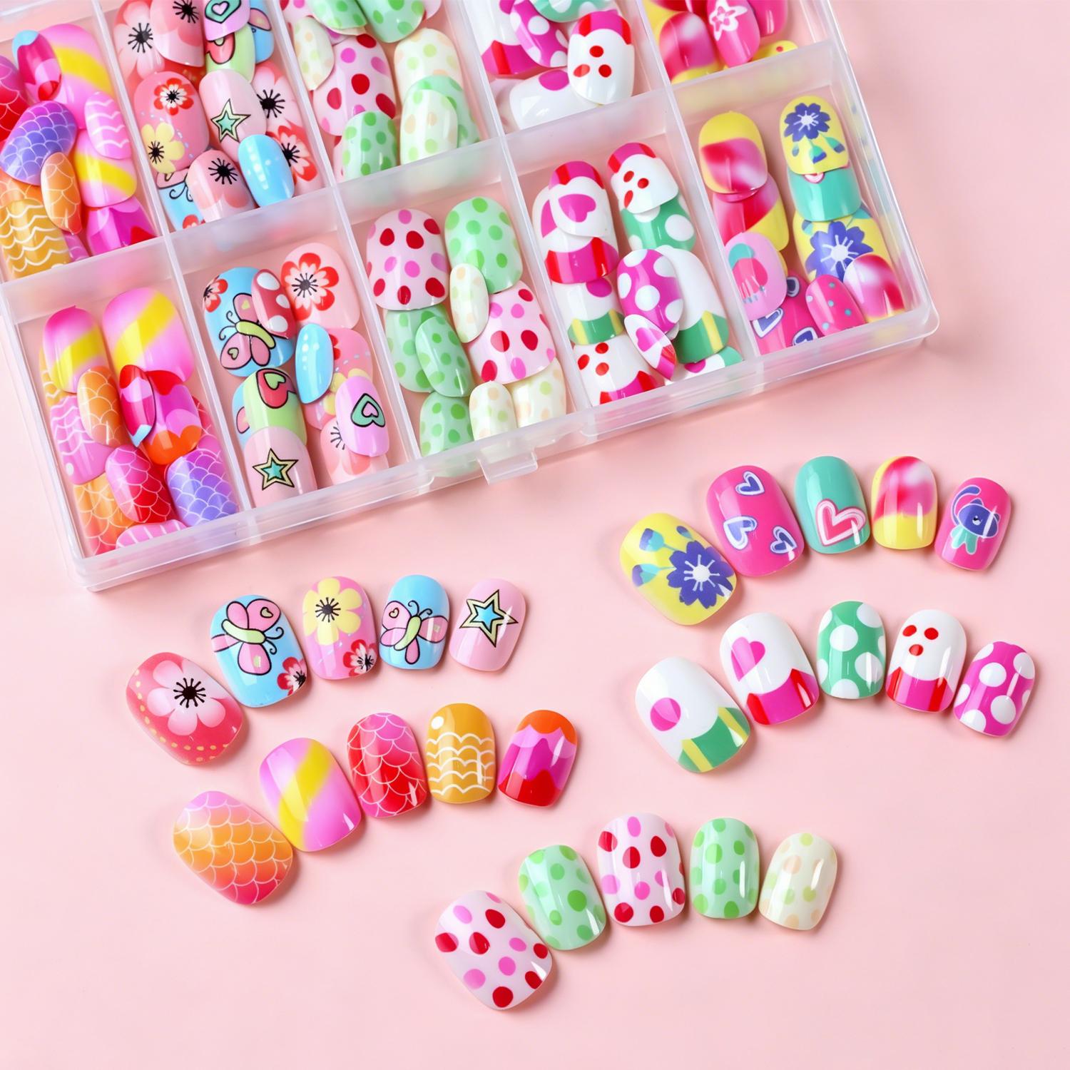 TEMU 120 stuks/doos Kawaii kleurrijke bloemblaadjes vlinderontwerp nepnagels cartoon bloem/ster/hart korte vierkante ballet volledige kunstnagel tips