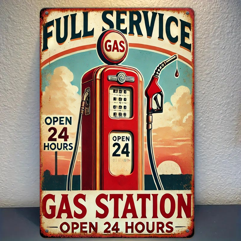 TEMU 2d Flat, 1pc Vintage Full- Station Metal Sign - 12x8 Inch Retro Wall Decor With Classic Pump & Sunset Design, Durable Metal Wall Art For Garage,