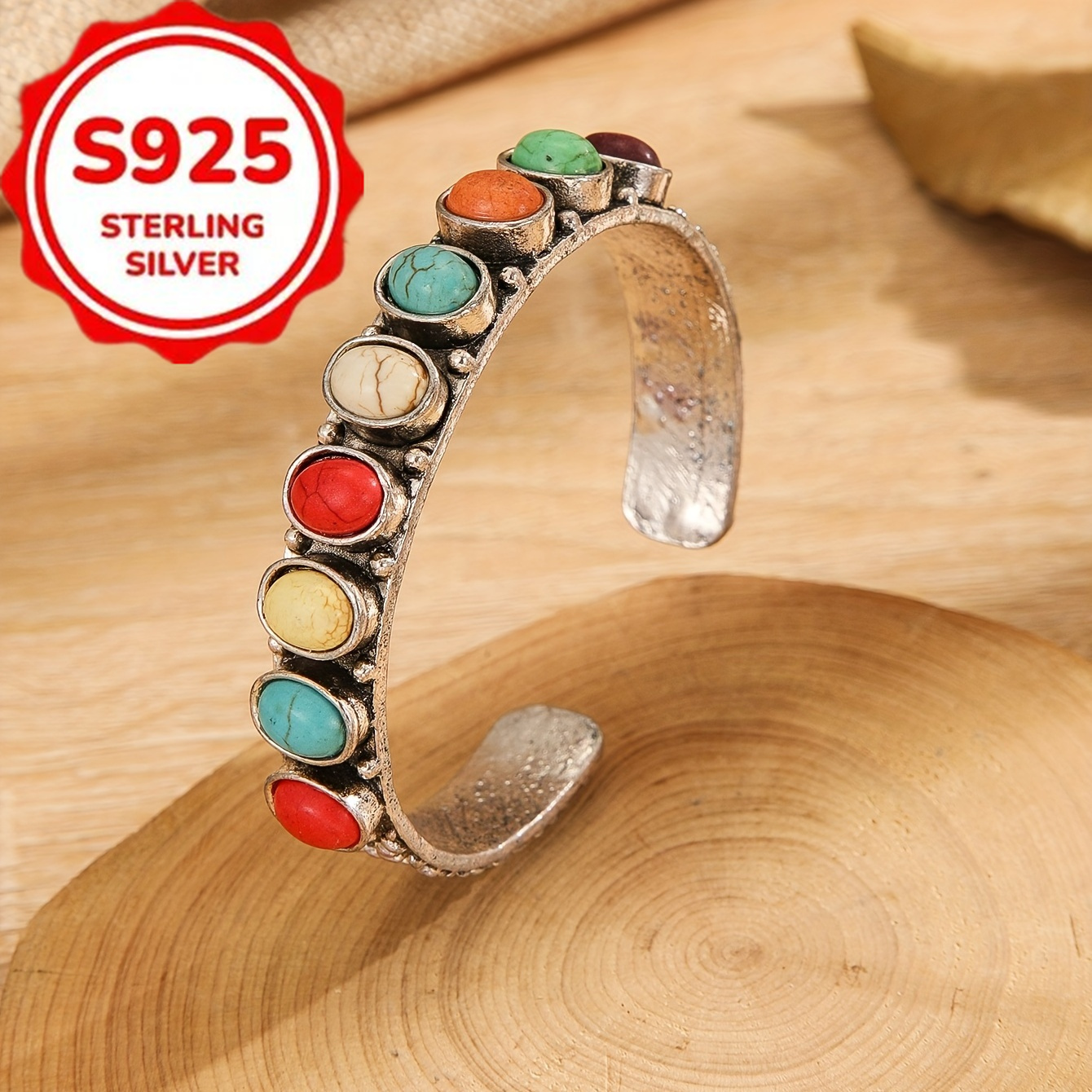 TEMU S925 Sterling Silver Colored Cuff Bracelet, Vintage Style Handmade Jewelry, Bohemian Style Suitable For Daily Wear, Engagement Gifts, Banquet