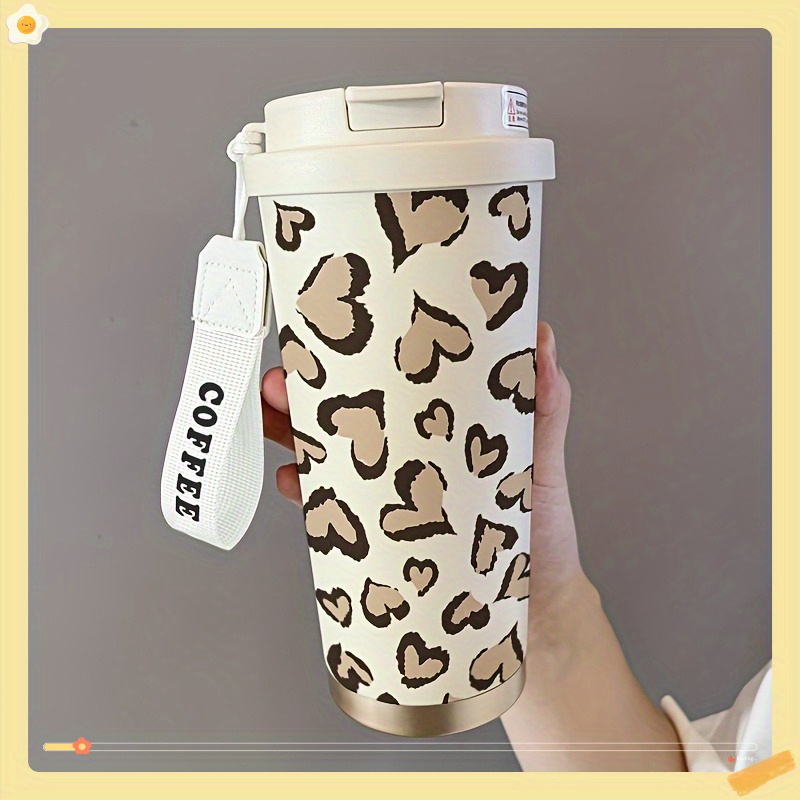 Image of Leopard Print Heart-shaped Insulated Bottle Cup With Rotating Lid - Water, Insulated Bottle For , Cute Leopard Pattern Oval Cup For &, For Home, Office, Travel, Camping, Valentine' Gift, Instagram-