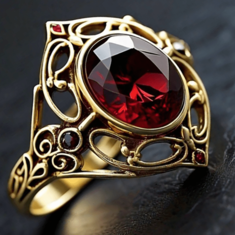 Women's Retro Gothic Inlay Red Zirconia Floral Ring, Statement Piece
