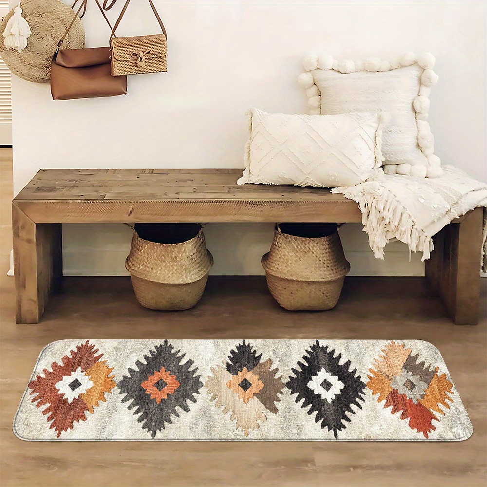 TEMU 1pc Vintage Bohemian Diamond Pattern Kitchen Mat, Background Bathroom Non-slip Mat, Indoor Entryway Mat, Bedroom Bedside Mat, Kitchen Floor Mat,