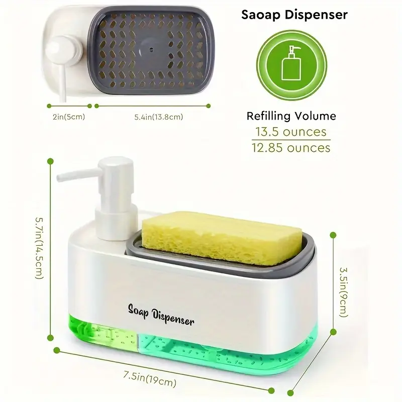 1 functional dish soap dispenser set with sponge holder kitchen bathroom soap dispenser plastic freestanding no battery needed perfect pump head leak proof design great christmas halloween gift christmas decoration Product details 7