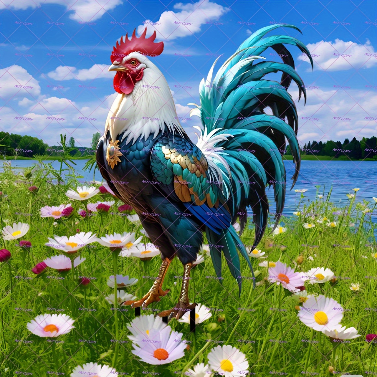 E-shop 2D-Flach, [2D-Flach] 2D-Flach Großer Hahn mit rotem Kamm auf dem Kopf blau-grünen Körperfedern. Geeignet für Hofdekoration als Bodeneinsatz,