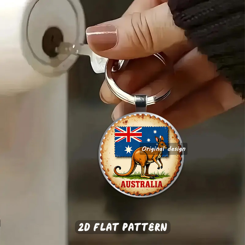TEMU 2d Flat, 1pc Australian Stamp Keychain Suitable For Collectors - Vintage Kangaroo & Flag Metal Key, Durable Travel Souvenir Gift For, History ,