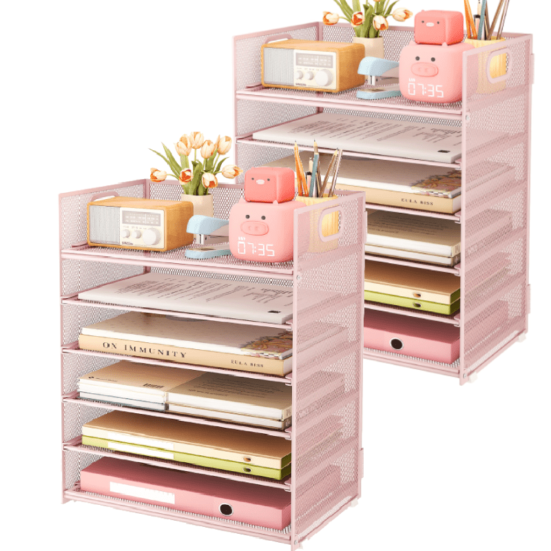 2pcs 6 Tier Paper File Tray Organizer For Desk, Black Mesh Desk Letter Paper File Folder Accessories Sorter Organizer With Handle, Stackable Slide Tray For Office, Home Or School Supplies Storage
