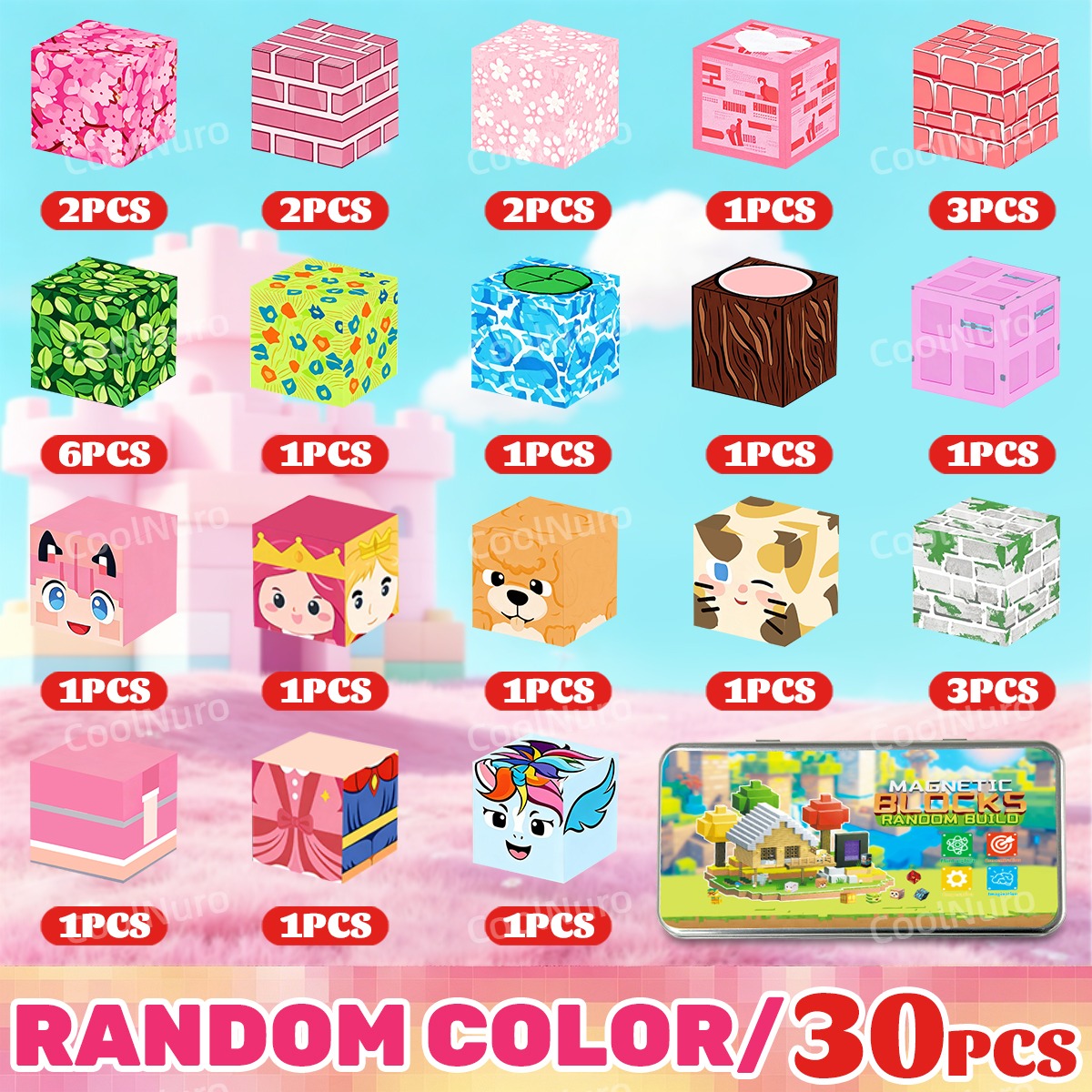 TEMU Blocs de construction magnétiques 30/60 pièces - Jardin de Sakura avec nouvelle boîte de rangement en fer, jouets éducatifs STEM puzzle