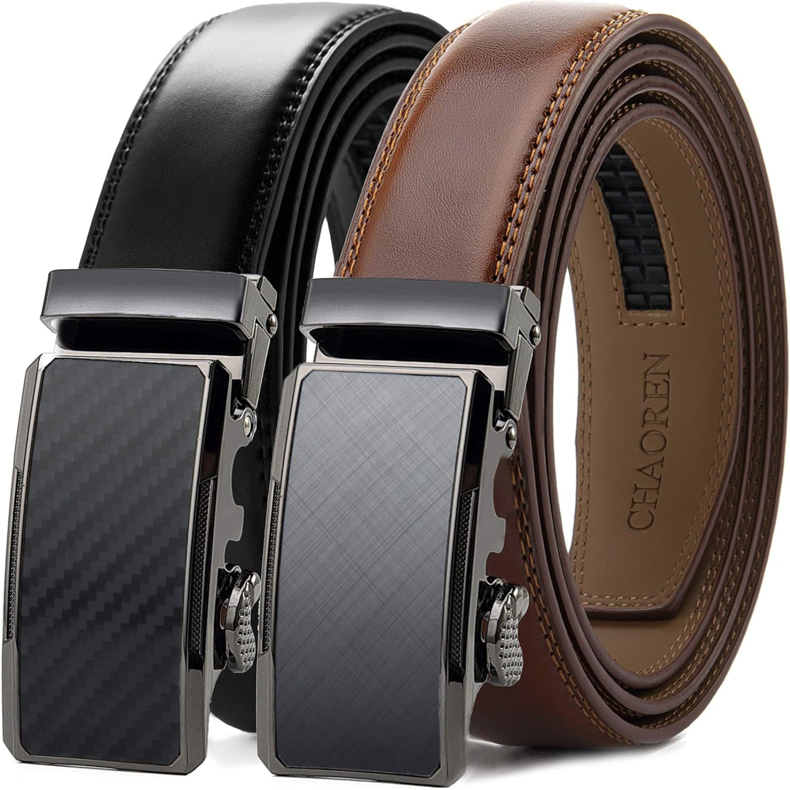 

2pcs Chaoren Men's Genuine Leather Dress Belts Set, 32mm Wide With Automatic Alloy Ratchet For Dress Pants