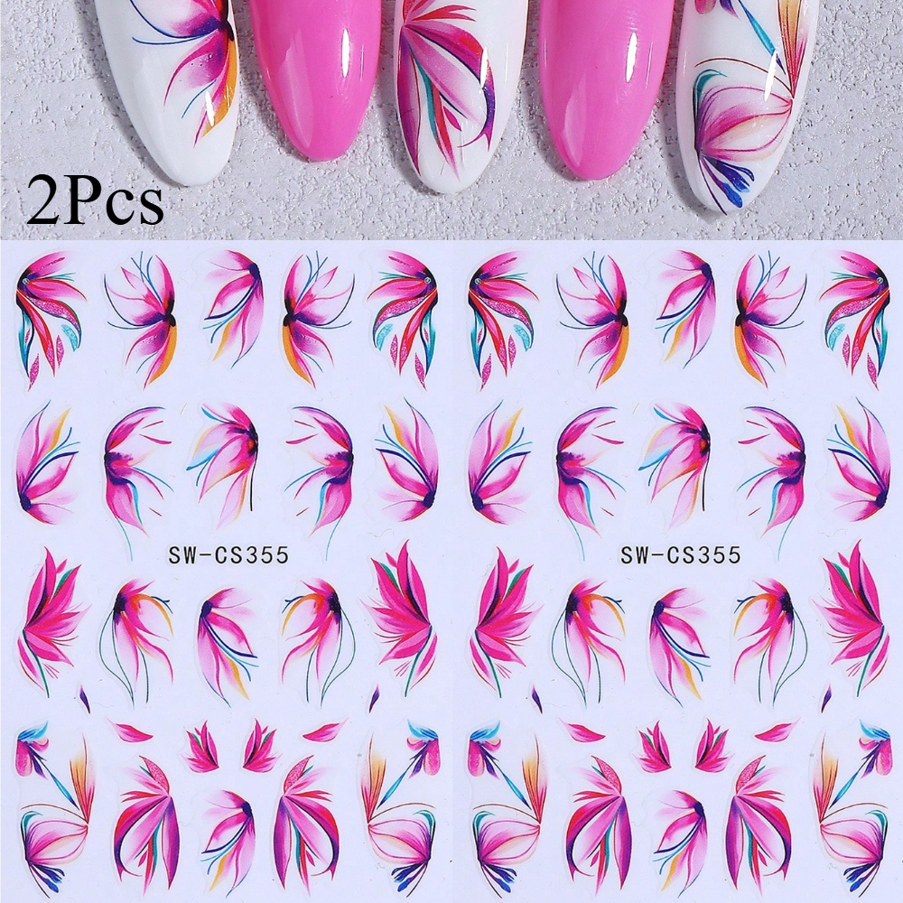 2pcs Summer Tropical Floral Nail Stickers Pink Flower Petal Nail Decals Self-adhesive Design Manicure Decor For Diy Nail Art Decoration