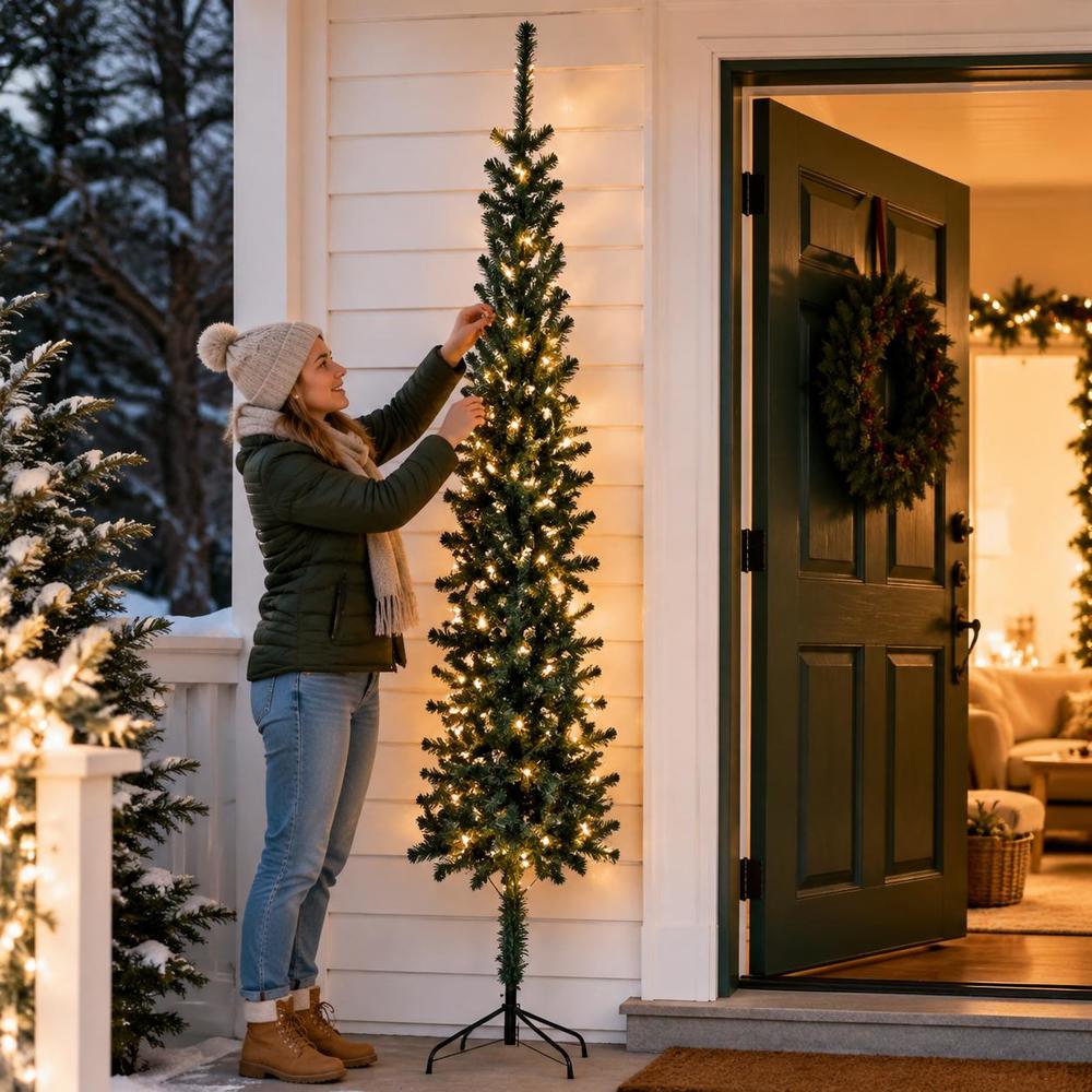 Image of 240cm Half Christmas Tree With Stand, Slim Artificial Xmas Tree For Wall Corner, Space Saving Pvc Home Decoration