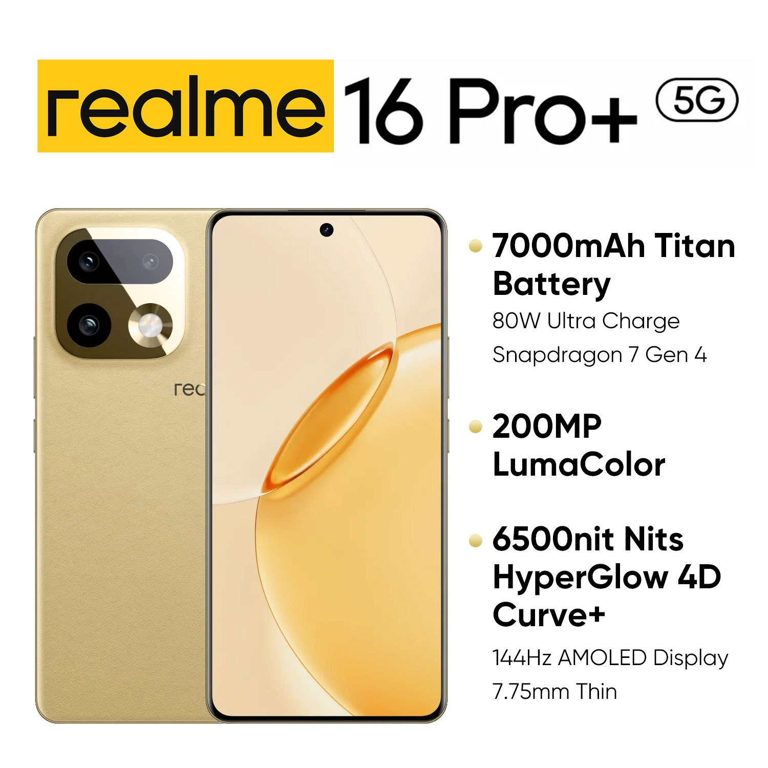 Realme 16 Pro+ 5g Smartphone, 12+512gb, 6.8" 144hz Amoled Display, 7000mah Battery, 80w Fast Charging, 200mp Camera+ 50mp Telephoto, Snapdragon 7 , Master Golden, No Adapter