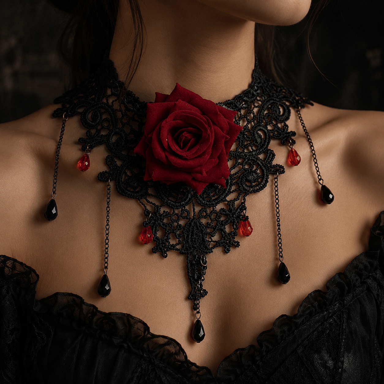 Image of 1pc Women's Gothic Elegant Vintage Tassel Red Rose Flower Lace Choker Necklace For Parties, Balls, And Gatherings, Dark Style
