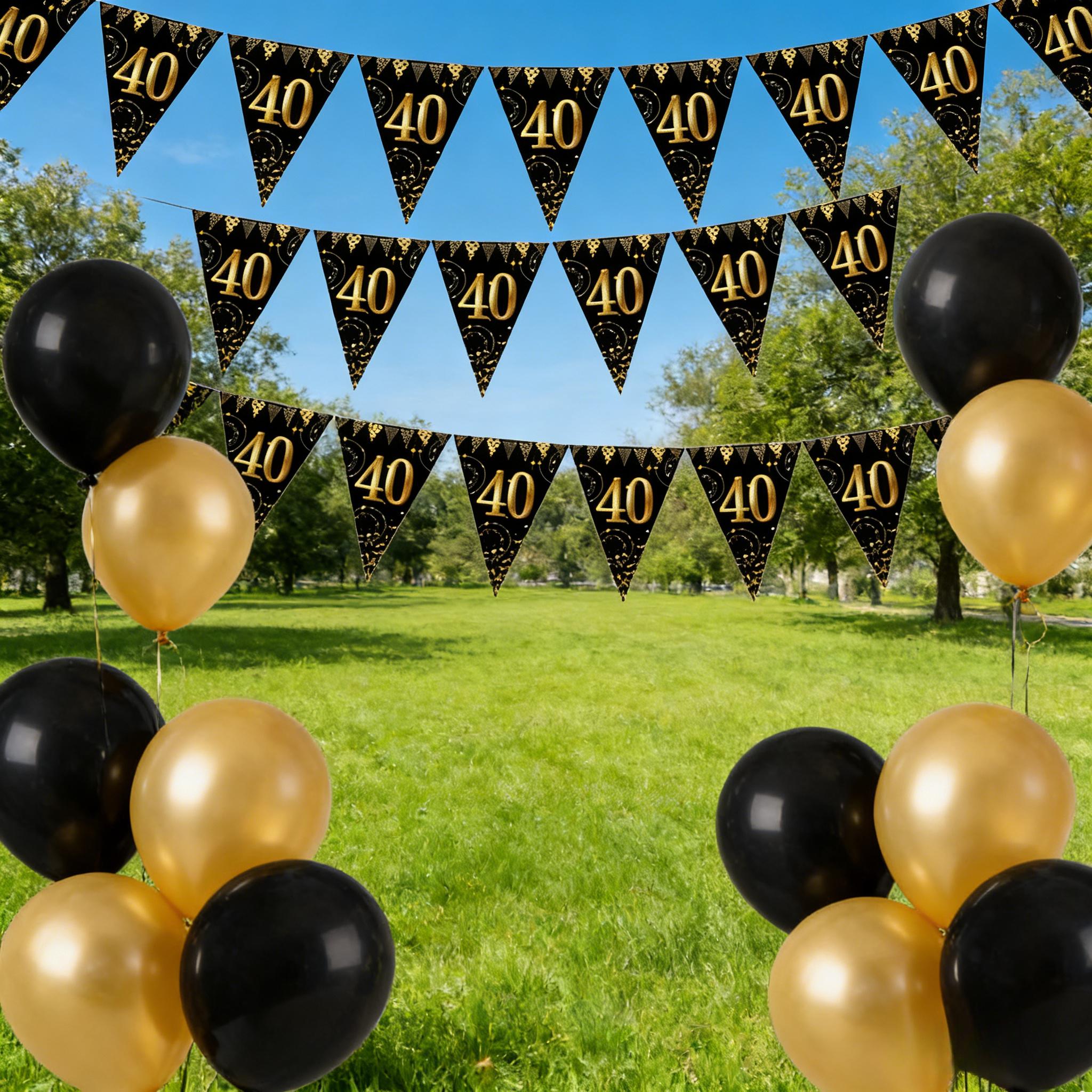 Image of A 24pcs Set For A 40th Birthday Party Banner Decoration, Featuring Elegant Celebration Bunting In Black And Golden, Suitable For Milestone Birthdays, Anniversaries, And Festive Decor