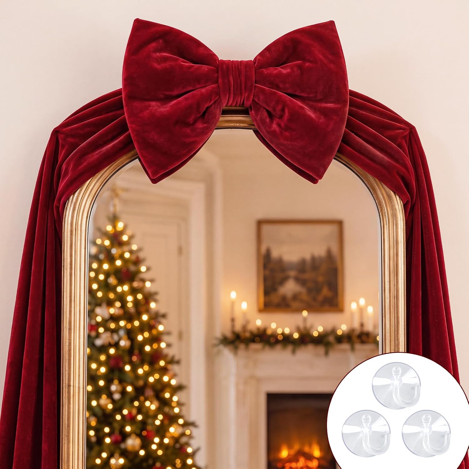 TEMU Large Burgundy Giant Christmas Bow With Suction Cup Suitable For Mirror, Xmas Tree, Wall & Fireplace Mantel Decor - 16x79 Inch Luxury Velvet Bow