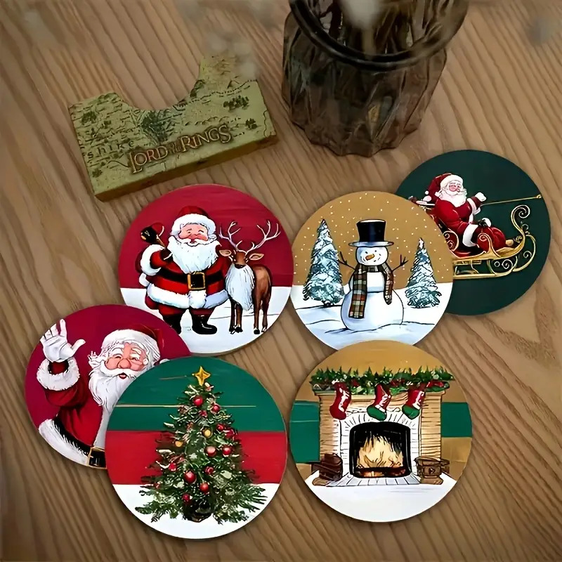 TEMU 6pcs Set Of Festive Santa Wooden Coasters, Wooden Coasters, Heat-resistant Table Mats, Suitable For Coffee, Office, Kitchen, Restaurant,