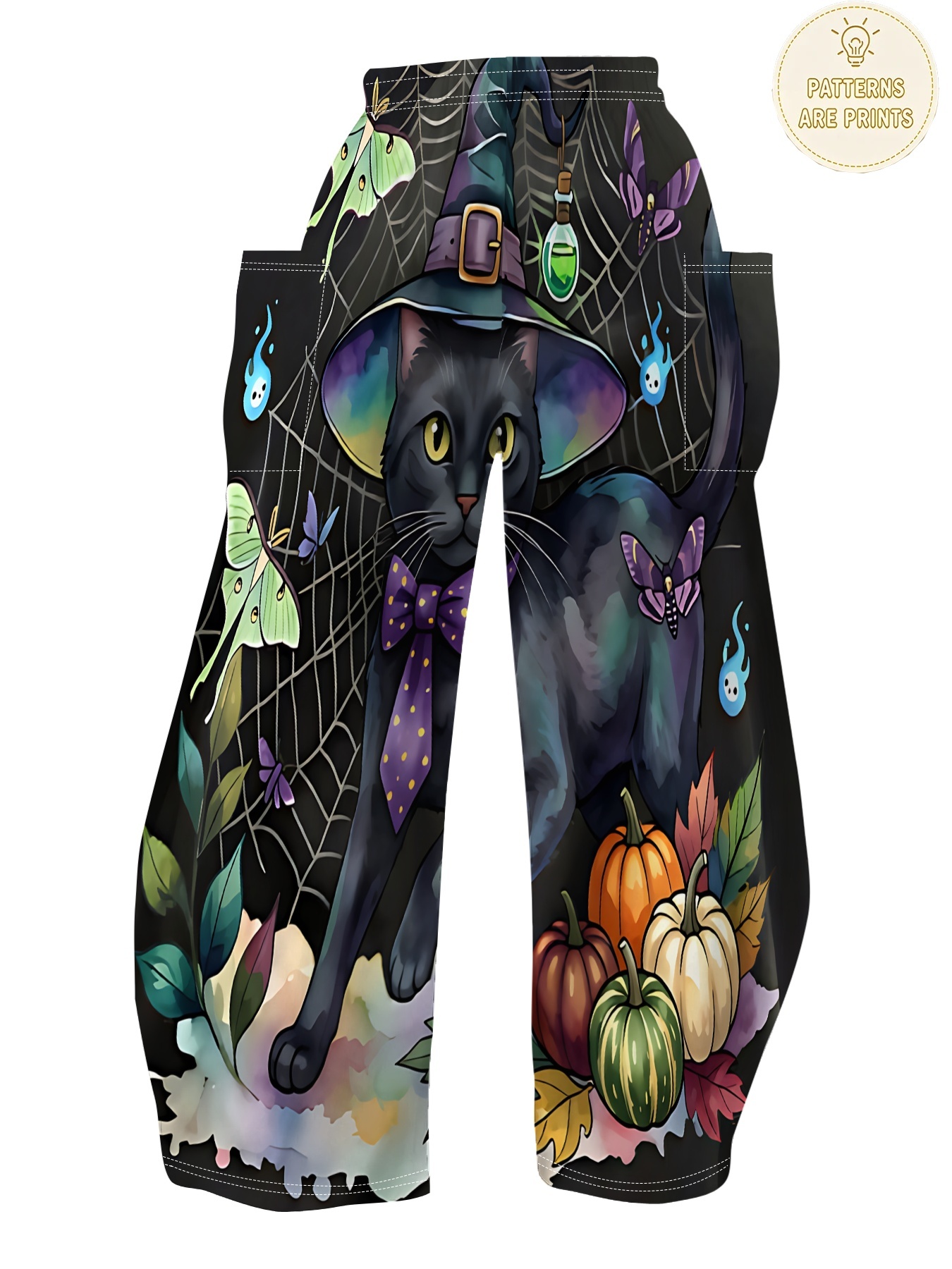 plus size womens halloween black cat   hat printed wide leg pants black background   web moth bow black cat pumpkin     elastic waist multi pocket casual long trousers