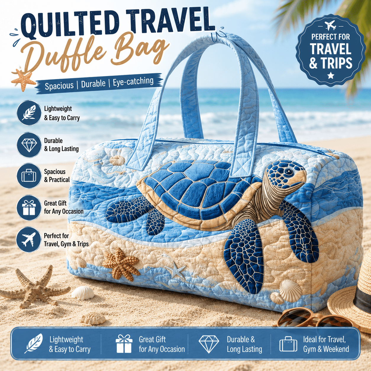 TEMU Adorable Quilted Turtle Luggage Bag - Retro Suitable For Beach Trips, Lightweight Spacious Travel Overnight Handbag With Quilted, Portable