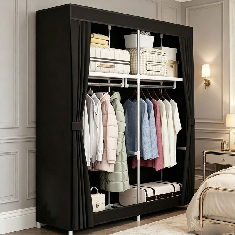 TEMU Large Capacity Floor-standing Fabric Wardrobe, Multifunctional Layered Storage Design With Dust-proof Easy Assembly, Ideal For Student Dorms,