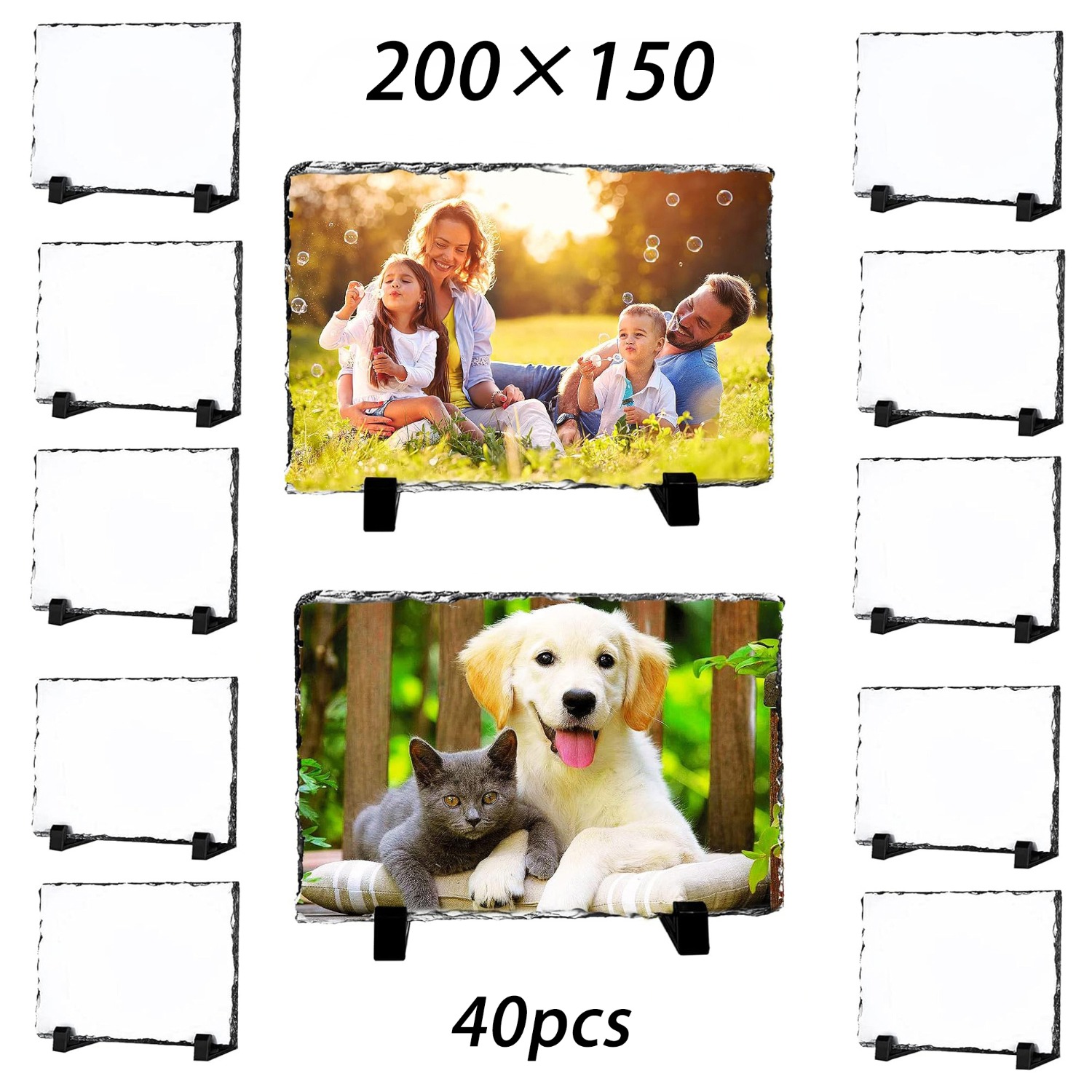 Image of 12/28/40pcs Tocome High-quality Sublimation Slate Blanks, 200×150mm Sublimation Slate Photo Frames, Heat Transfer Rock Photo Plaques With Display Stand, Natural Durable Slate Frames