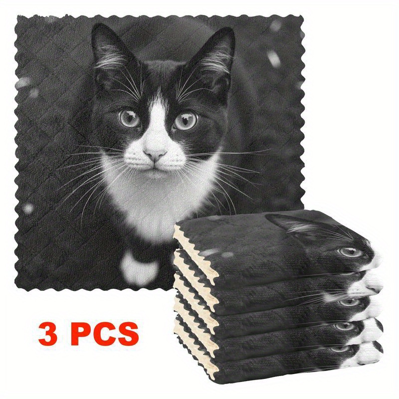 TEMU Ensemble de 3/6 chiffons de cuisine avec motif de chat de dessin , lingettes de nettoyage réutilisables en ultra-fines, très absorbantes et