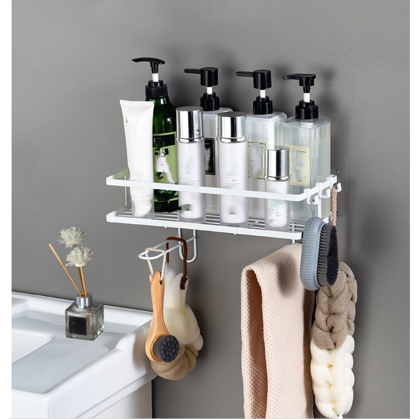 

Iron Bathroom Shelf With Hooks, , Multi-functional Toilet Storage Rack, No-drill Organizer For Accessories And Toiletries