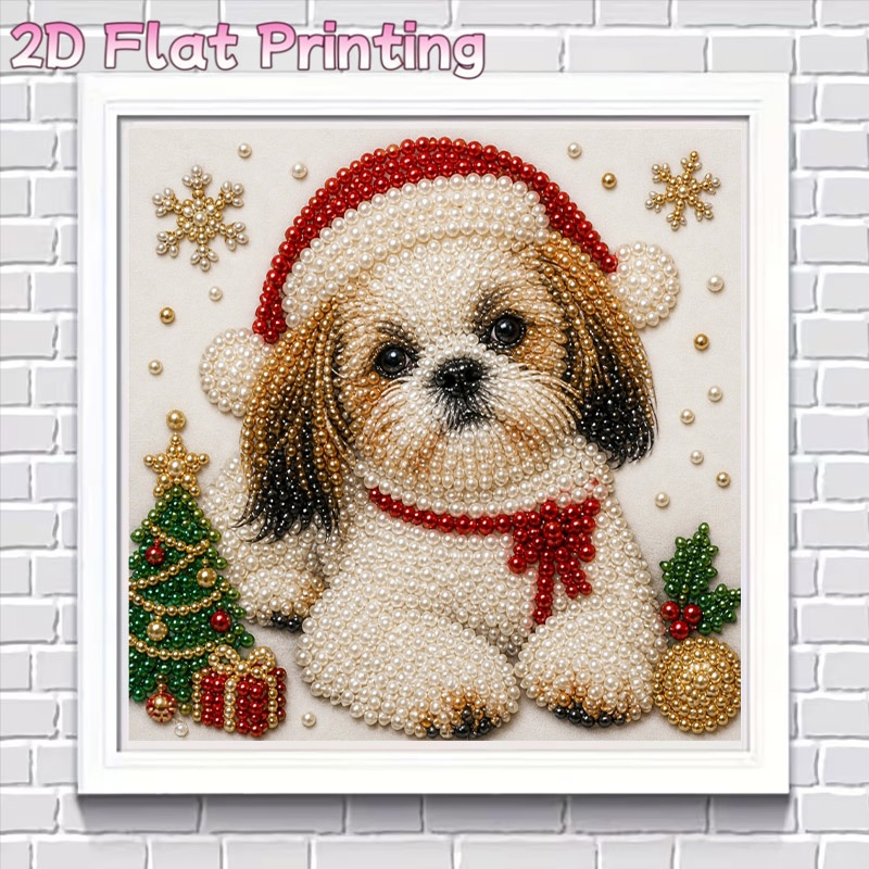 TEMU Classic 2d Flat Pearl Diamond Painting Kit, Acrylic Material, Christmas Shih Tzu Dog With Santa Hat & Festive Xmas Elements Pattern, New Arrival