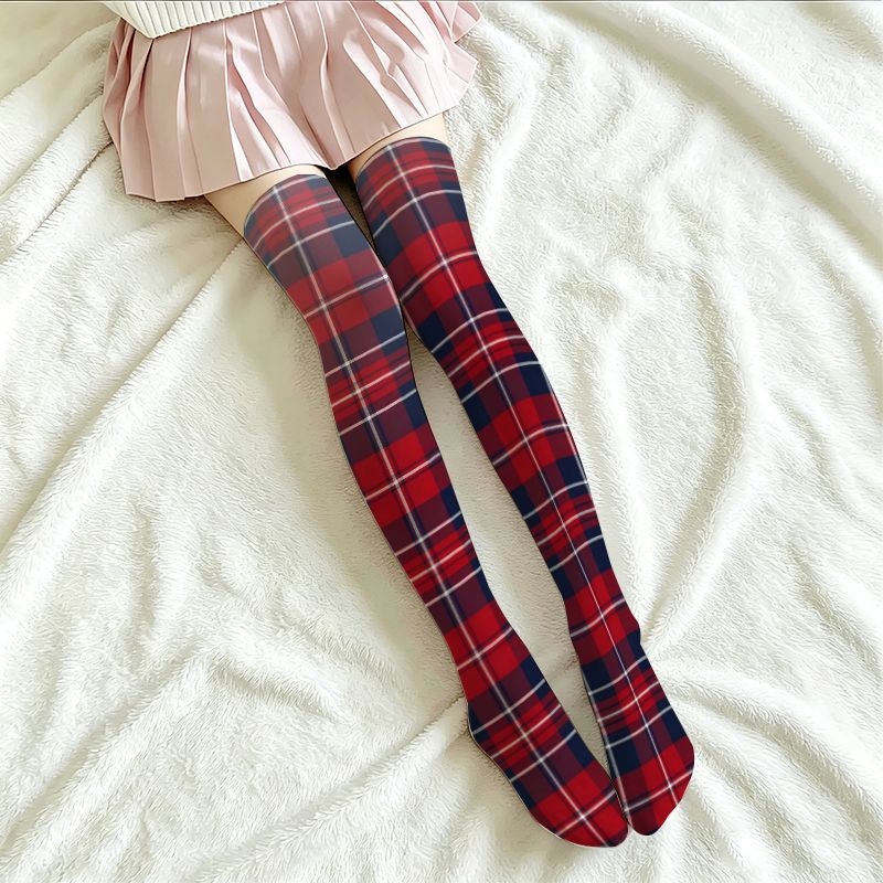 TEMU Preppy Style Thigh-high Socks, Red Blue Tartan Pattern Stretchy Over-the-knee Stockings For Women, School Uniform