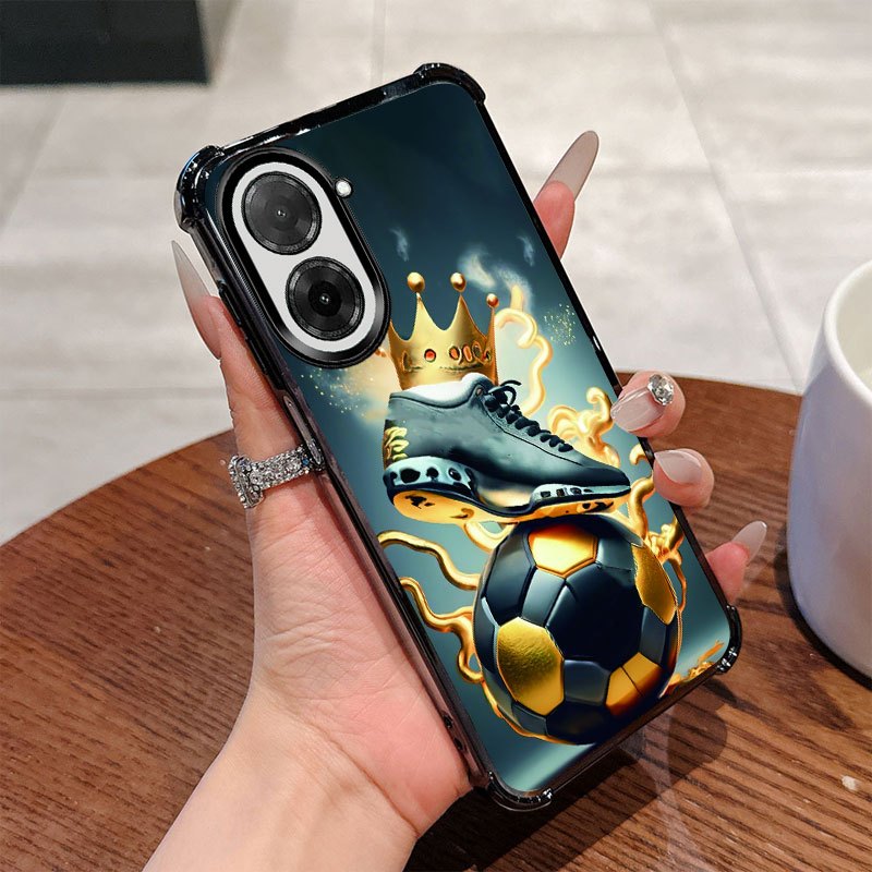 TEMU Phone Case: Black & Golden Soccer Crown Shockproof Design Case Black Full Coverage Phone Case Suitable For Redmi For Xiaomi Redmi A7 Pro 4g
