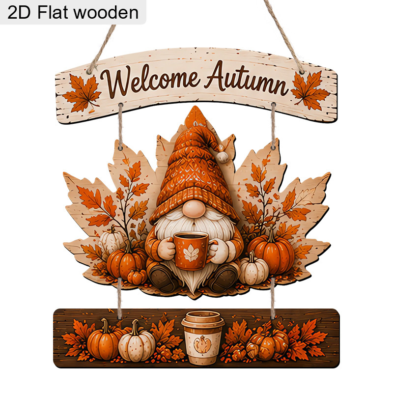 Image of 2d Flat 3pcs Wooden Ornaments, Top Wooden Sign "welcome Autumn" With , Center Features An Orange-patterned Pointed Hat Gnome Holding Hot Coffee, Surrounded By And Pumpkins Of Sizes