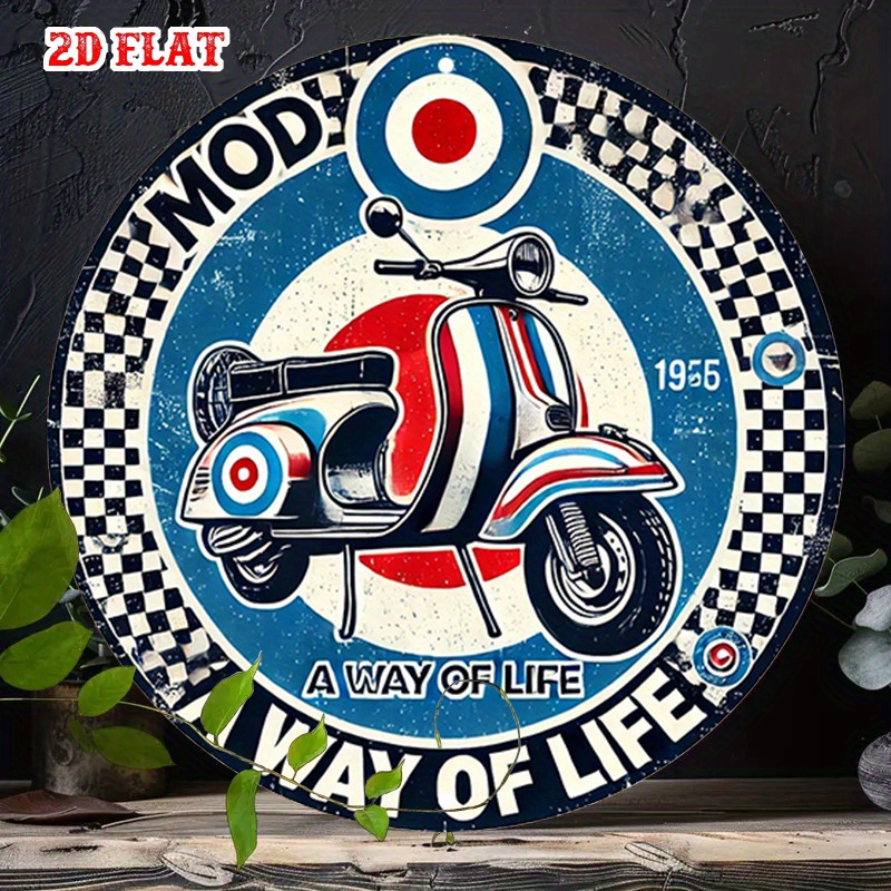 TEMU 2d Flat - A Round Aluminum Plate Featuring A Flat 2d Lifestyle Icon, Retro Wave Metal - Rustic Metal Wall Art For A Mod Scooter, Cool Design