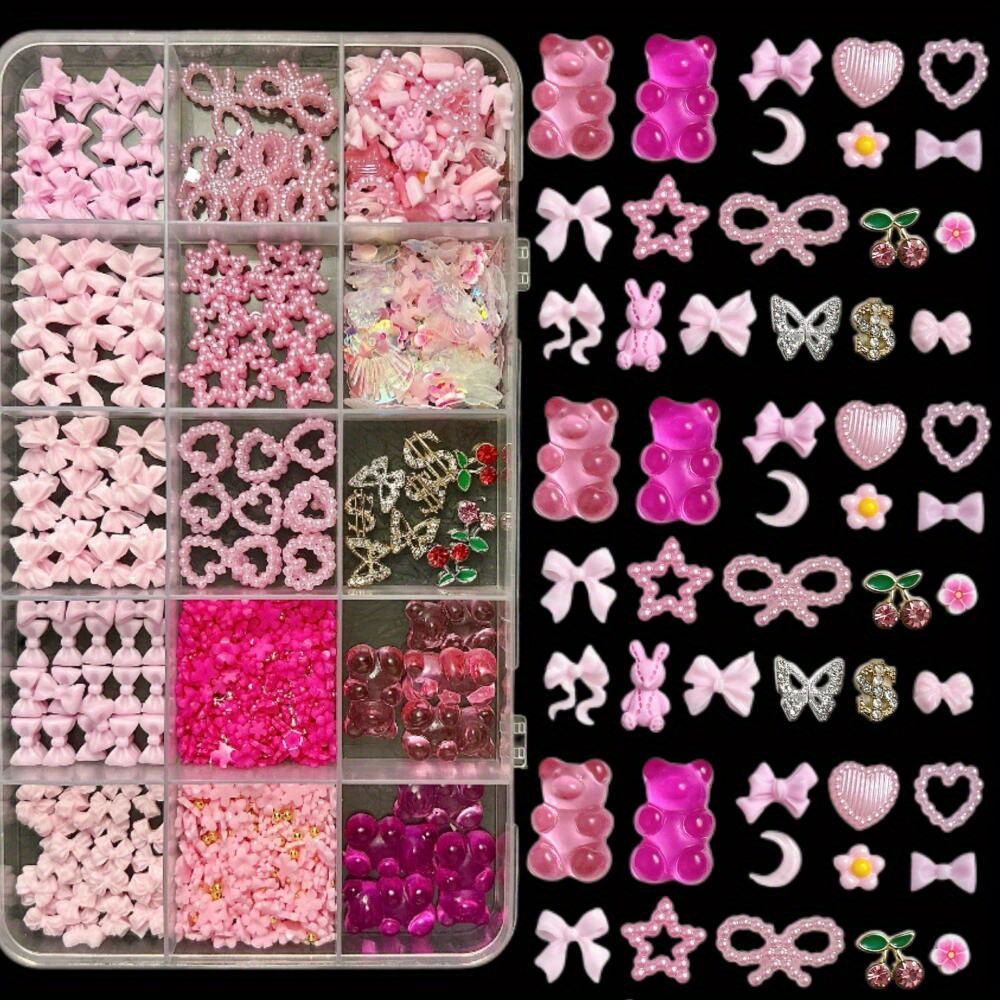 

1 Set Pink Bow Nail Art Charms Kit, With Flowers, Cherries, , For Phone Cases, Earrings, Hair Decorations, -free