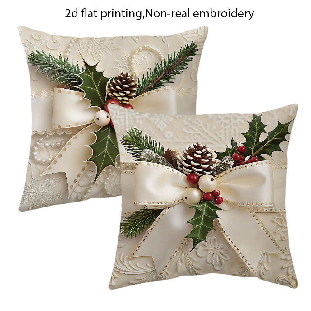 TEMU [jit]2pcs, 2d Flat Printing Christmas Throw Pillow Covers, Non-real Embroidery, Bow Home Decor Cushion Covers, 18in*18in, Xmas Gifts Decor