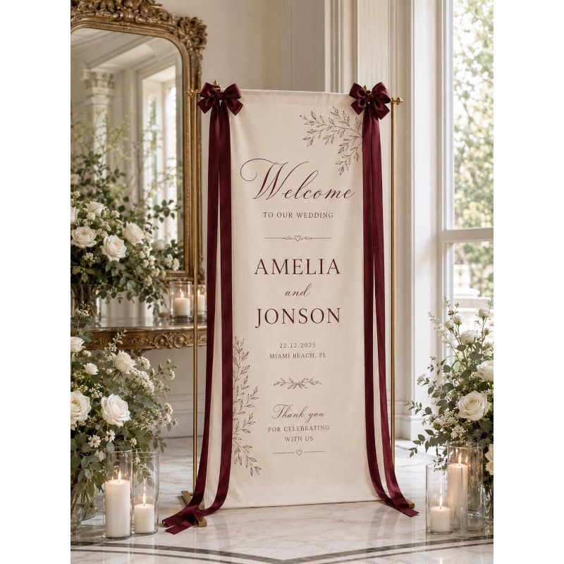 TEMU Fabric Welcome Banner, Personalized Burgundy Wedding Sign, Custom Couple Names Backdrop, Elegant Reception Decor(decorative Side Ribbons Not