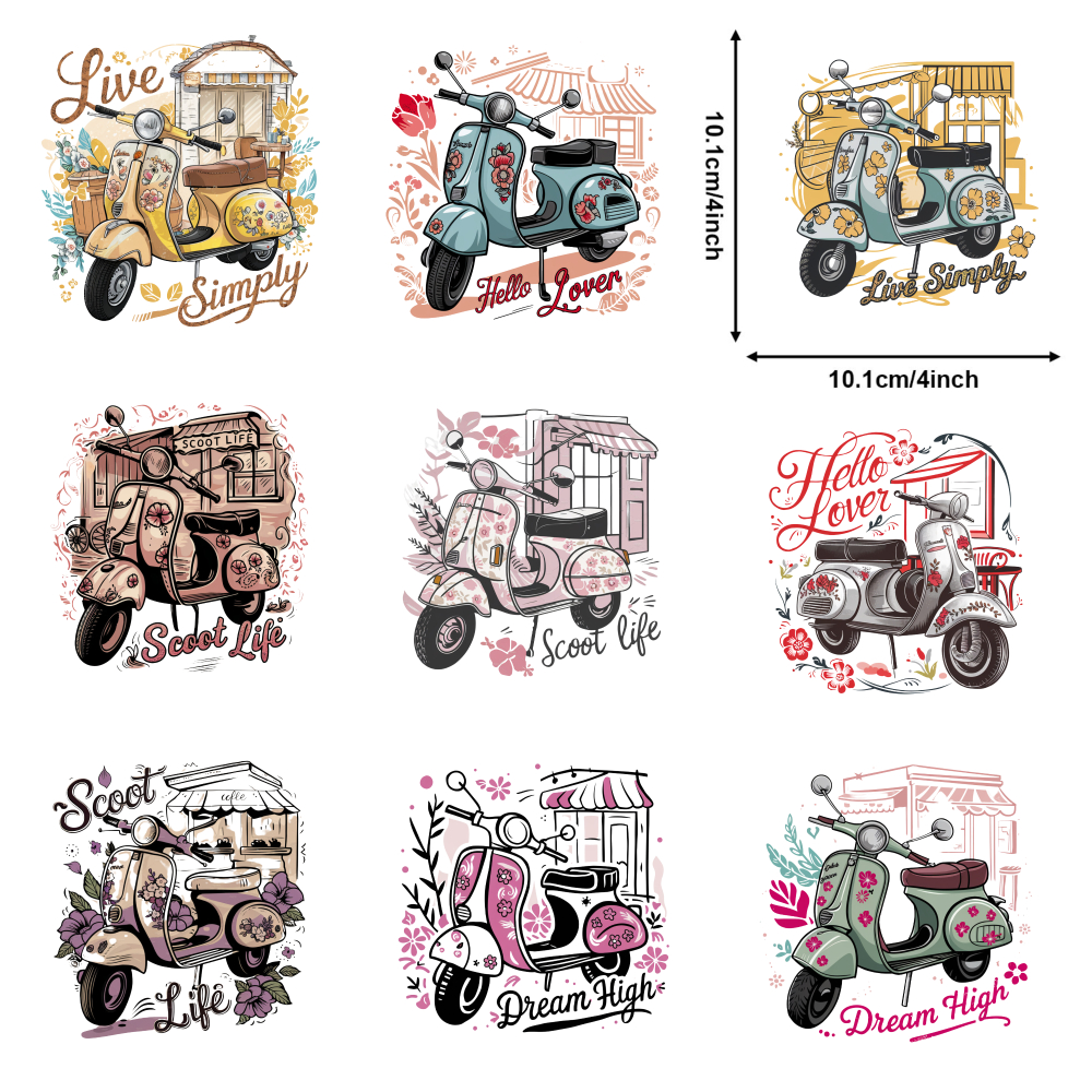 TEMU 9pcs Durable Washable Iron On Patches, Scooter Series Floral Theme Iron On Applique Patches, Mixed Color Heat Transfer Vinyl Prints, Heat