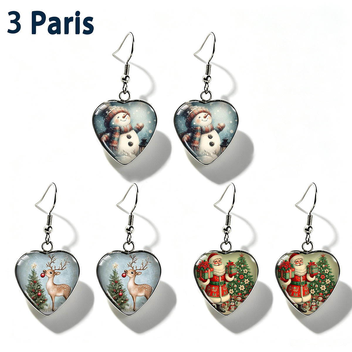 TEMU Lot de 3 paires : Boucles d'oreilles de cœur avec imprimés de neige , , Père Noël et sapin de Noël, boucles d'oreilles de fêtes polyvalentes en