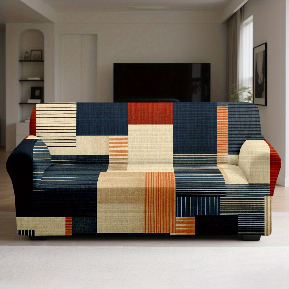 TEMU 1pc Vintage Color Block Stitching Elastic Sofa Cover, Fully Covers And Conceals Blemishes With High Elasticity And . Not Slip Or Slide, Well