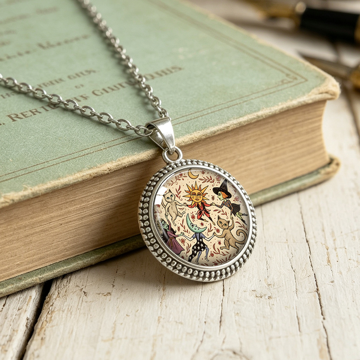 Sun Moon Animal Illustration Print Round Pendant Necklace, Unisex