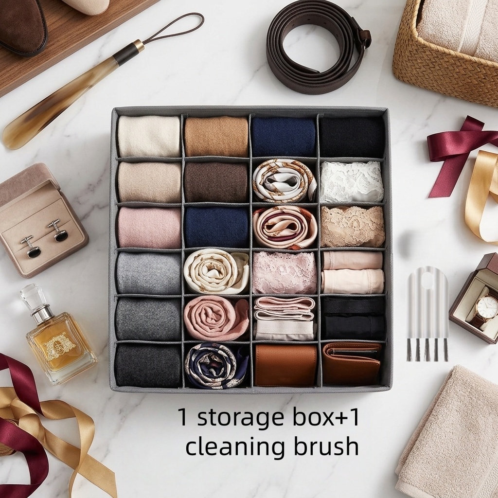 TEMU 2pcs Set [1pc Organizer Box And 1pc Small Cleaning Brush] Fabric Foldable Socks And Underwear Storage Box Set, Closet And Cupboard Storage Box,